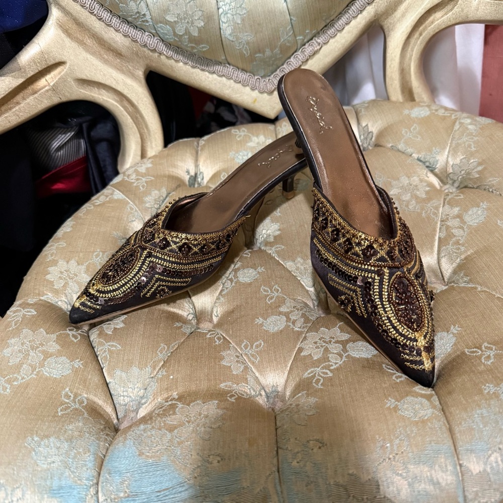 Qupid Elegant Brown and Gold Beaded Mules